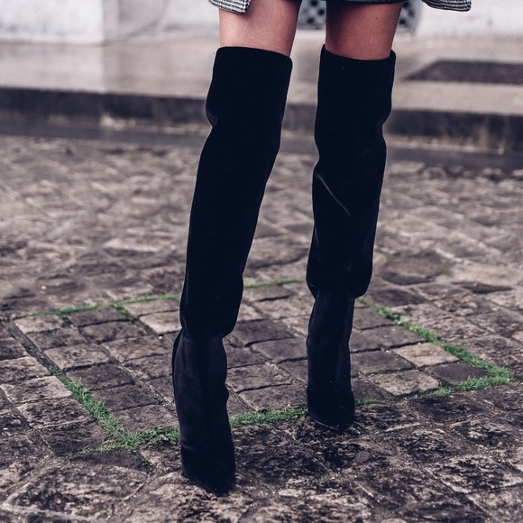 Saint Laurent Women's Niki Black Velvet Over The Knee Boots - Picture 1 of 14